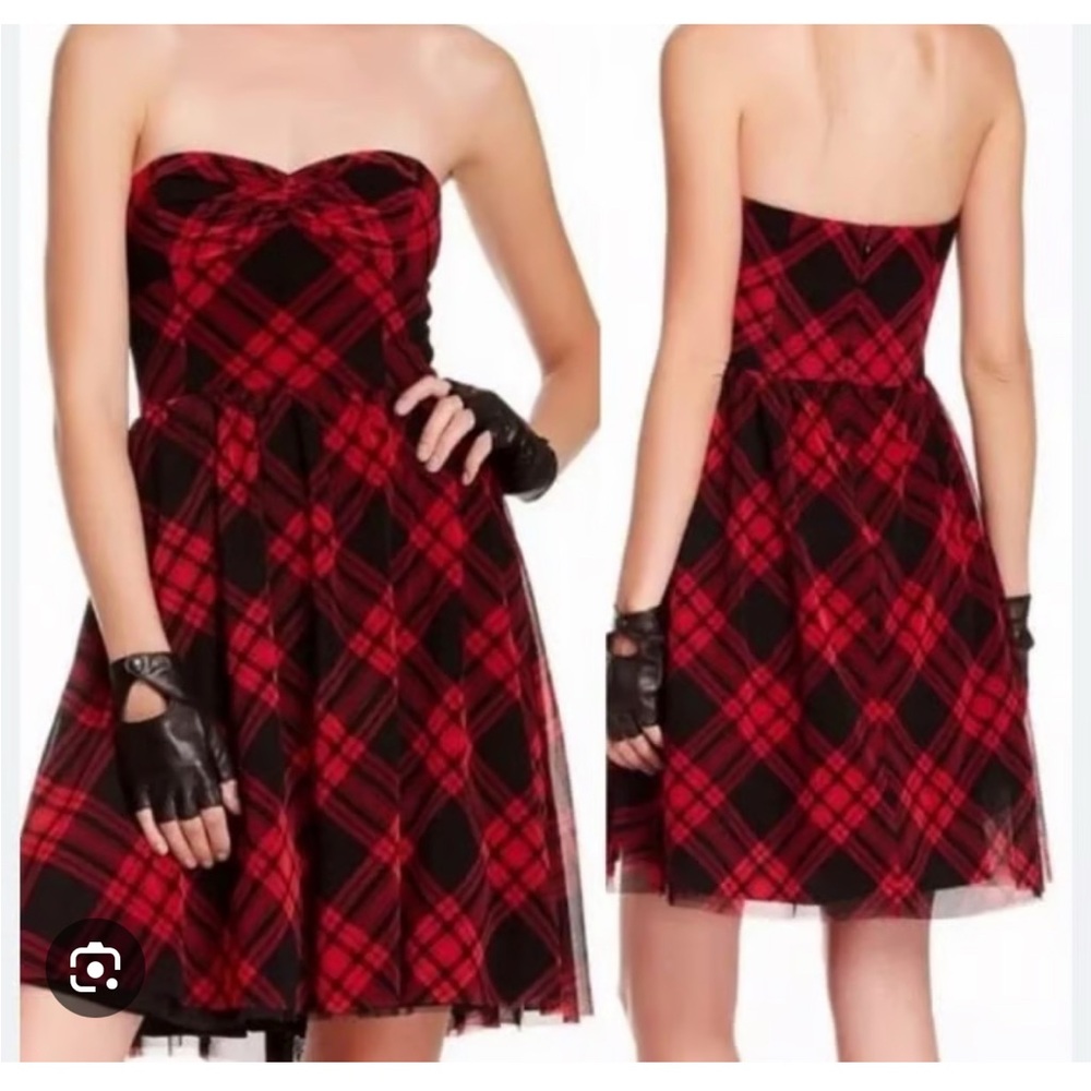 Betsey Johnson Red and Black Plaid Strapless A-Line Dress